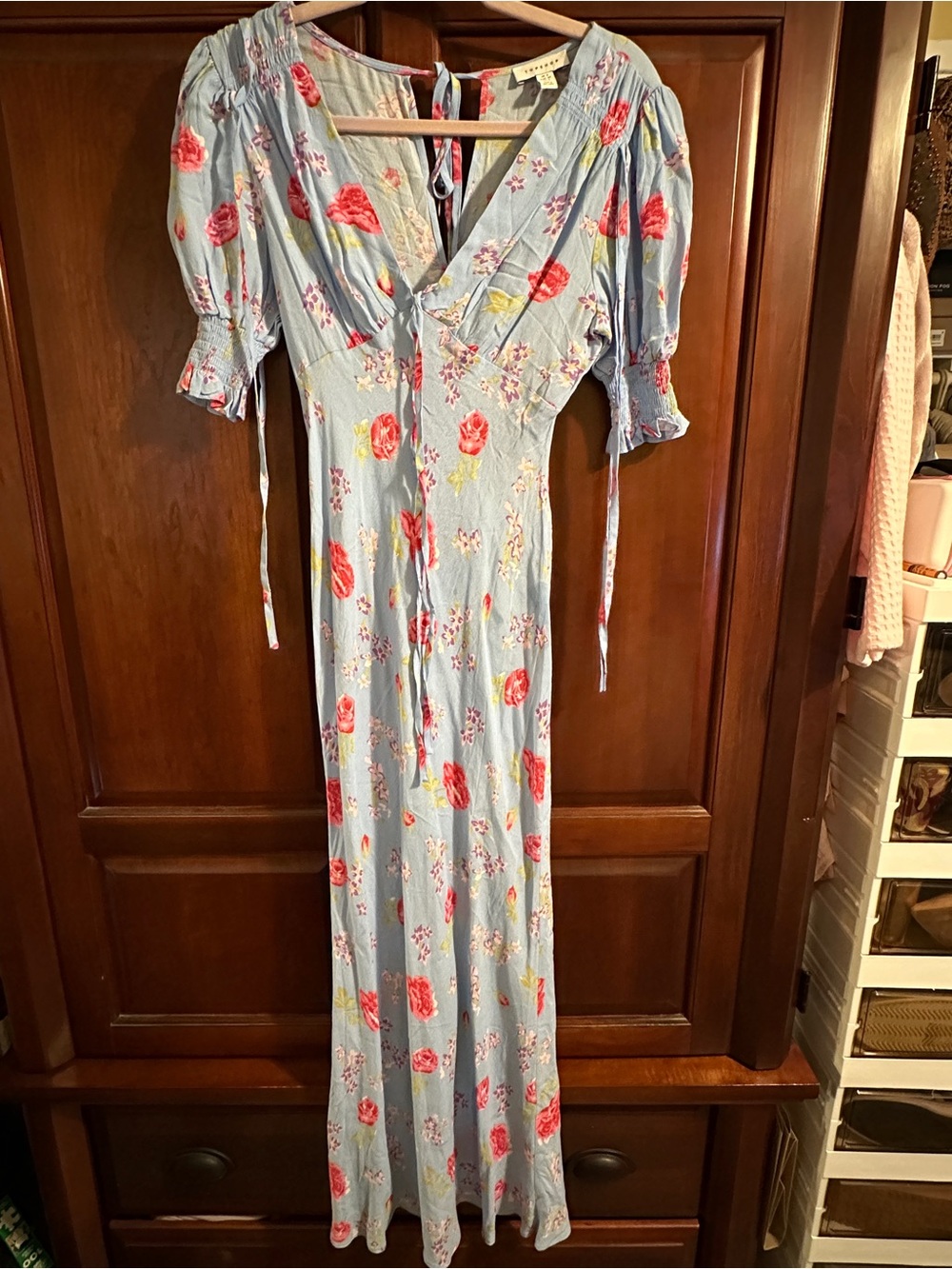Light Blue Floral Maxi Dress with Puff Sleeves